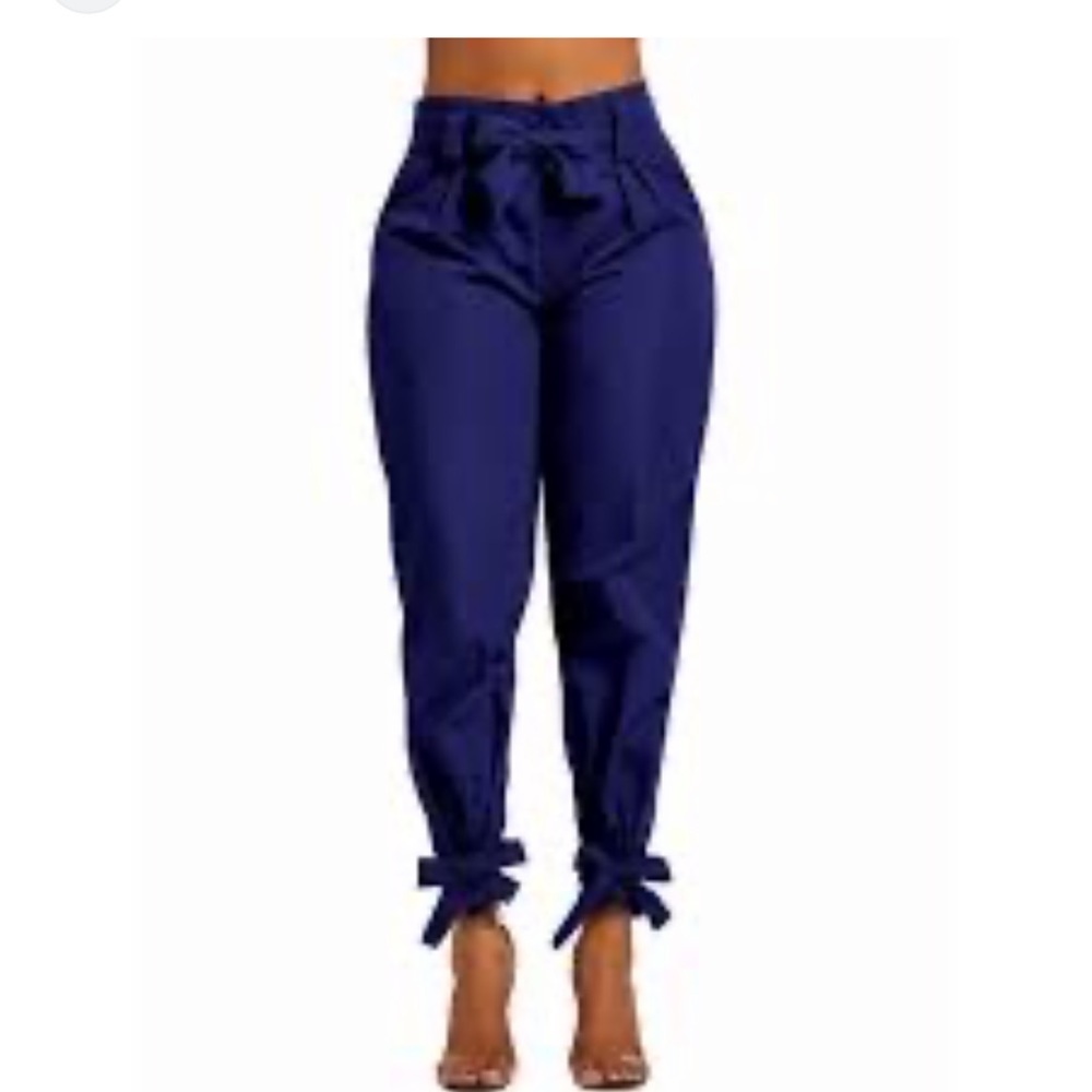 Navy Paper Bag Pencil Bow Knot High Waist Ankle Bow-Toe Pants Size XL (529)